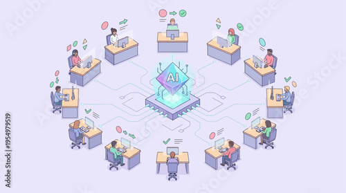 Isometric AI-Powered Contact Center with Diverse Agents Working at Desks Connected to Central Artificial Intelligence Hub, Customer Service Technology Concept
