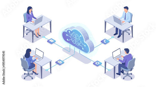 Isometric Contact Center with AI Cloud Computing Technology - Remote Customer Service Team Working with Neural Network Data Processing, Blue Professional Office Environment