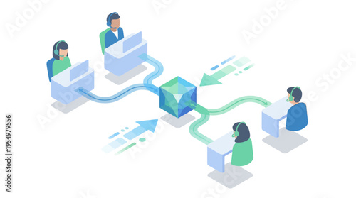 Isometric Contact Center with Diverse Customer Service Agents and Data Flow Visualization, Modern Call Center Operations and Technical Support Team