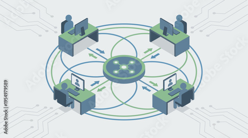 Isometric Contact Center Network with Connected Customer Service Agents and Central Data Hub, Modern Tech Support Communication System