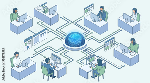 Isometric Contact Center with AI Brain Technology Network - Customer Service Team Connected to Artificial Intelligence System for Business Communication Solutions