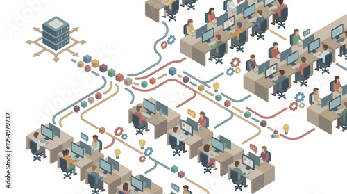 Isometric Contact Center Office with Diverse Customer Service Team Working at Computer Stations Connected by Data Network Flow