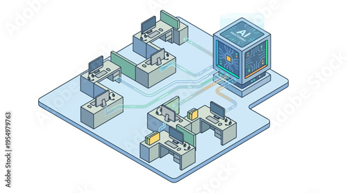 Isometric Contact Center Office with AI Technology Integration - Modern Customer Service Workstation Layout for Business Presentations
