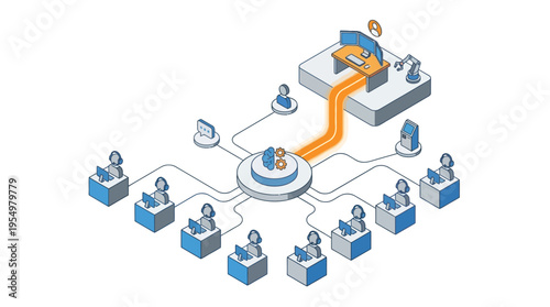 Isometric Contact Center with AI Automation Hub Connecting Customer Service Agents to Centralized Support System