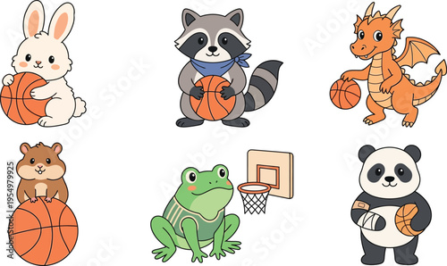 Cute cartoon animals playing basketball with balls and hoop featuring bunny raccoon dragon hamster frog and panda vector art collection unique playful style