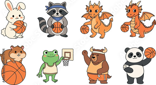 Cute cartoon animals playing basketball with hoops and balls including bunny raccoon dragons hamster frog bull and panda in colorful vector art style