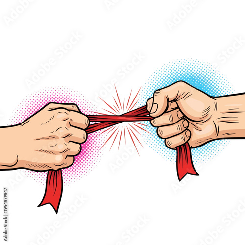 Two Hands Pulling Rope Illustration Comic Style Graphic Design Vector Art Strength Competition Tension Conflict Struggle Cartoon