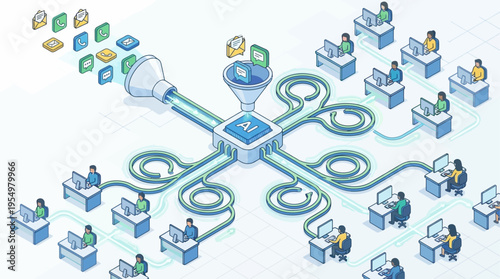 Isometric AI Contact Center with Diverse Customer Service Agents Handling Multichannel Support Calls and Digital Communication Hub