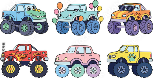 Colorful cartoon monster trucks with playful faces balloons flames and paw print details six unique vehicles with large tires and sunglasses in vector style design