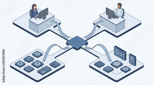 Isometric Contact Center Network with Customer Service Representatives Connected to Technical Support Systems, Modern Call Center Operations and Help Desk Infrastructure