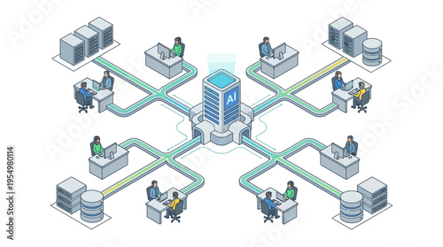 Isometric AI Contact Center with Connected Customer Service Agents and Data Infrastructure, Modern Tech Support Network Illustration