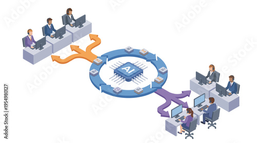 AI-Powered Contact Center Isometric Illustration - Customer Service Automation, Virtual Support Team, Digital Call Center Technology