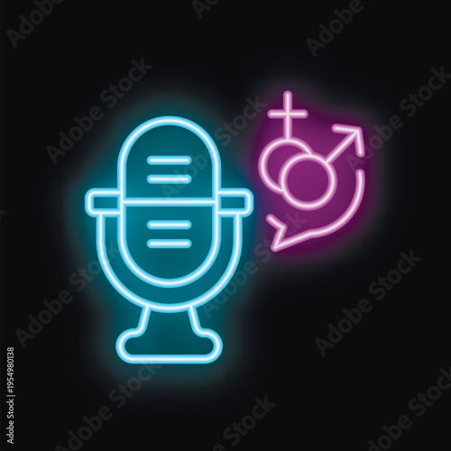 Blue neon microphone shining with pink gender symbols on black background representing podcast about gender issues