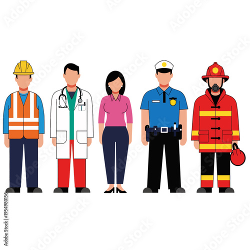 Community Helpers Professions Vector Illustration - Construction Worker Doctor Police Firefighter Careers Jobs