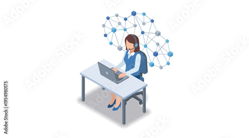 Isometric Female Customer Service Representative Working at Contact Center with Network Connection Visualization, Professional Support Agent at Desk with Headset and Laptop