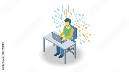 Isometric Customer Service Representative Working at Contact Center with Digital Network Connections, Tech Support Agent Using Laptop and Headset