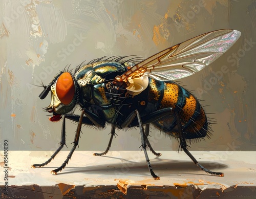 Housefly displaying iridescent wings and compound eyes