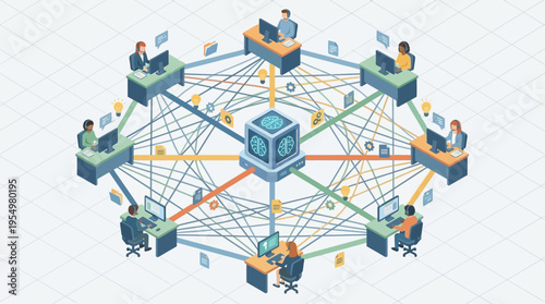 Isometric Contact Center with AI Neural Network Technology - Diverse Customer Service Team Connected to Artificial Intelligence Hub for Digital Support Operations