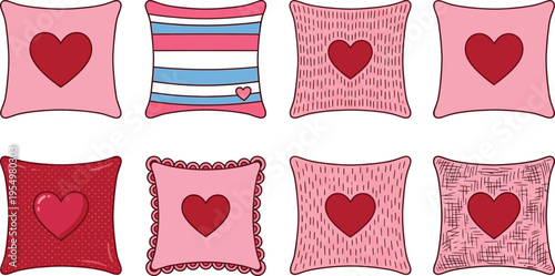 Colorful flat design vector art of cute valentines day themed decorative pillows with hearts and patterns in pink and red tones for romantic cozy interior