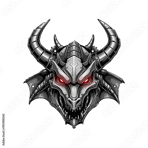 A menacing dragon head with red eyes.