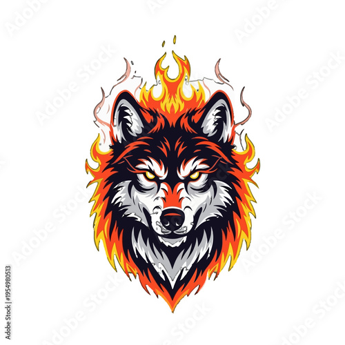 A wolf's head with fiery mane.