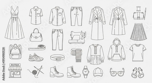 Fashion Apparel Clothing Outfit Garment Line Art Icons Set Accessories Measuring Tape Flat Vector Illustration