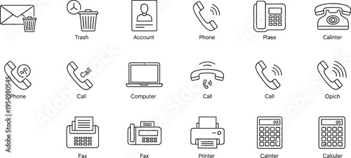 Communication and office line icons set, phone call email devices, business equipment symbols, black outline vector isolated on white background illustration