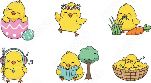 Cute yellow baby chicks cartoon set with sleeping chick in egg listening to music reading book under tree eating carrot relaxing in basket in playful style