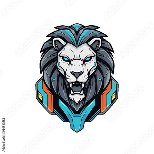 A futuristic lion head with glowing blue eyes and colorful armor.