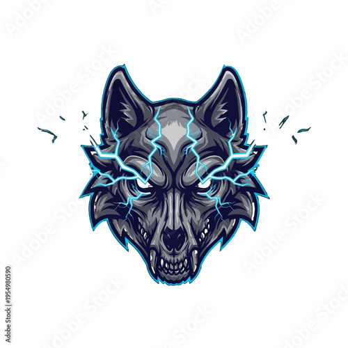 Electric wolf head illustration with glowing blue lightning.