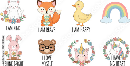 Cute kawaii animals set with positive affirmations featuring smiling cat fox duck bunny bear unicorns and a colorful rainbow with flowers in flat vector style