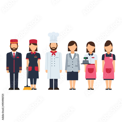 Hotel Staff Vector Illustration - Porter Cleaner Chef Cashier Server Housekeeping Uniforms Professions Occupations Flat Design