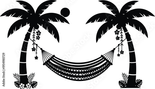 Black Silhouette of Hammock Between Two Palm Trees tropical vacation relaxation
