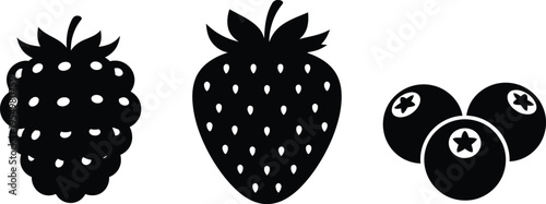 Black silhouettes of raspberry strawberry and blueberries on white background