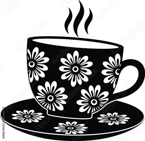 Black teacup with white flowers and steam on a saucer