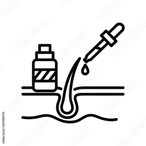 Hair growth serum application icon showing a dropper bottle treating a hair follicle on the scalp for hair loss prevention and scalp health care.