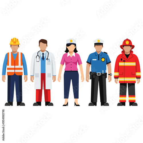 Community Helpers Professions Vector Illustration - Construction Worker Doctor Police Firefighter and More