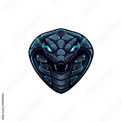 a cartoon snake head with blue eyes.