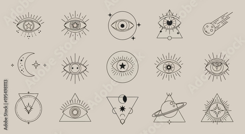 A collection of mystical eye and celestial symbols.
