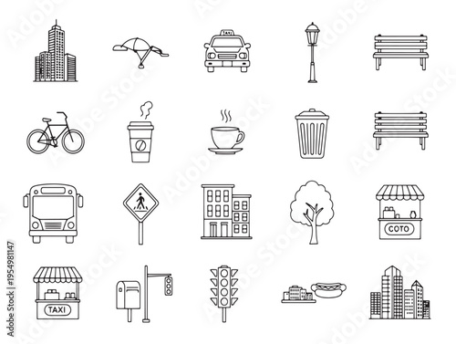 A collection of 20 black and white icons of various city objects