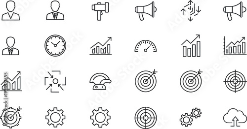 Collection of business and finance icons in line art style