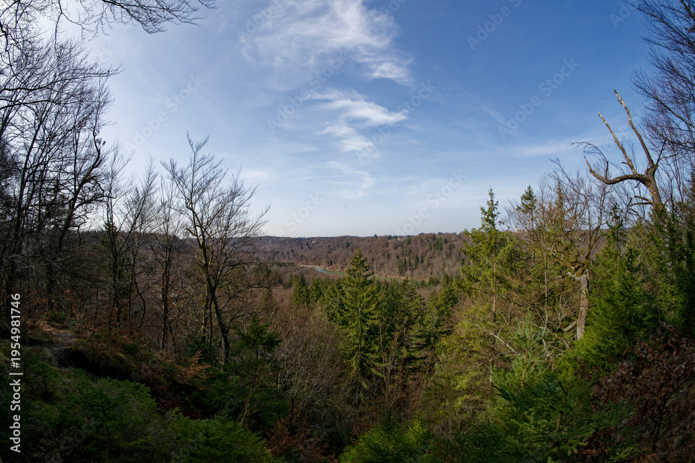 Fototapeta premium Wide-angle view of the Isar River in Grünwald, Germany, Bavaria,