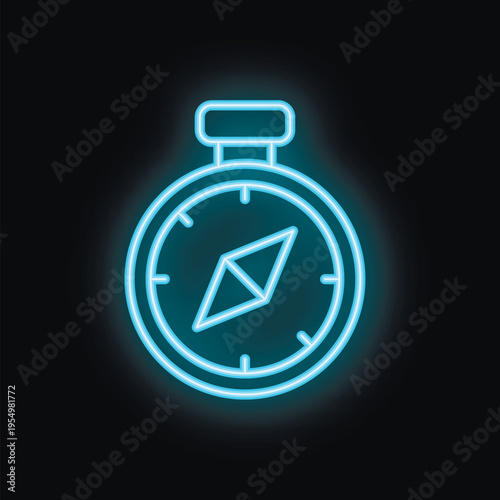 Blue neon compass glowing on black background representing concept of finding your way