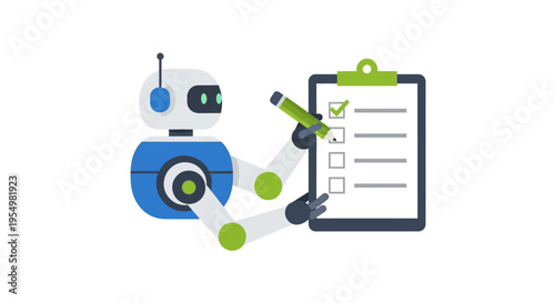 A robot checking a clipboard with a pen.