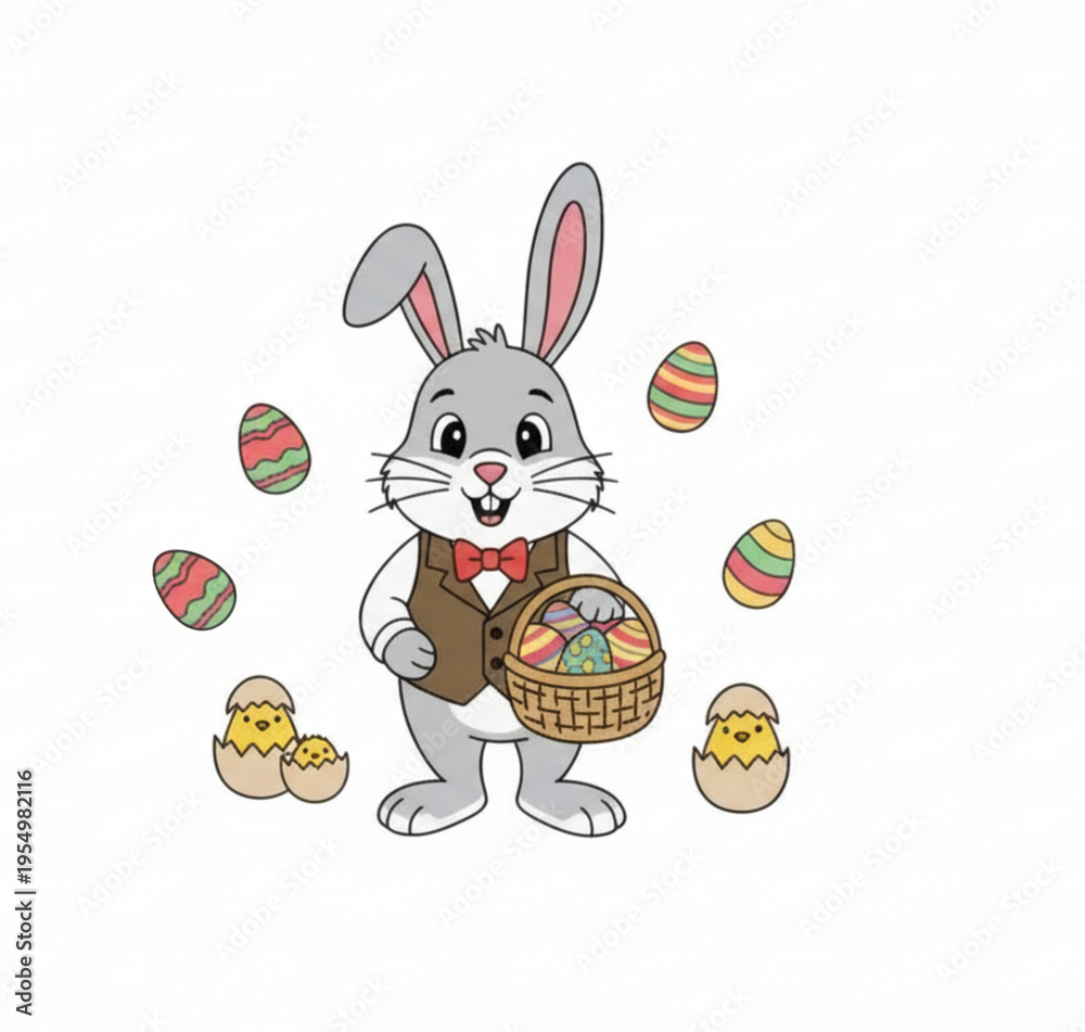 Fototapeta premium Cute Easter Bunny Holding Basket Of Colorful Eggs With Hatching Chicks Cartoon Illustration