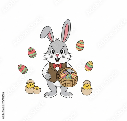 Cute Easter Bunny Holding Basket Of Colorful Eggs With Hatching Chicks Cartoon Illustration