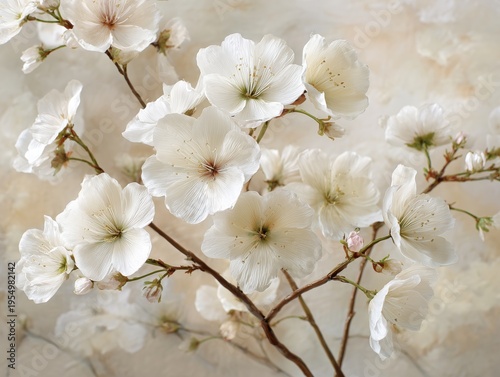 Cherry Blossoms Bloom on Branches, Showing White Flowers in a Natural Setting...