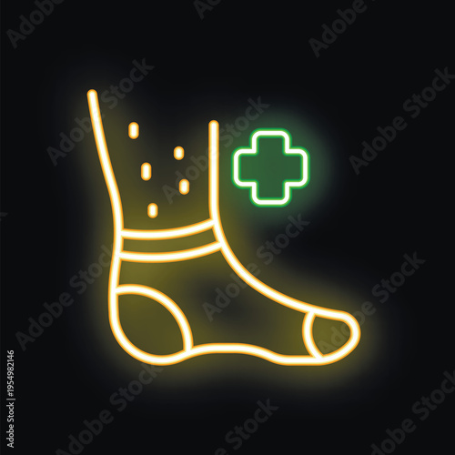Glowing neon line icon of leg with compression sock showing medical treatment for varicose veins