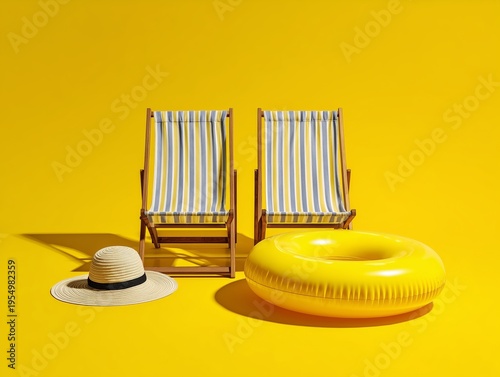 Yellow Beach Setting With Chairs, Hat, Basket, and Float on Bright Background
