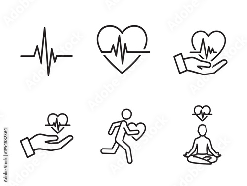 A set of six line icons related to health and care